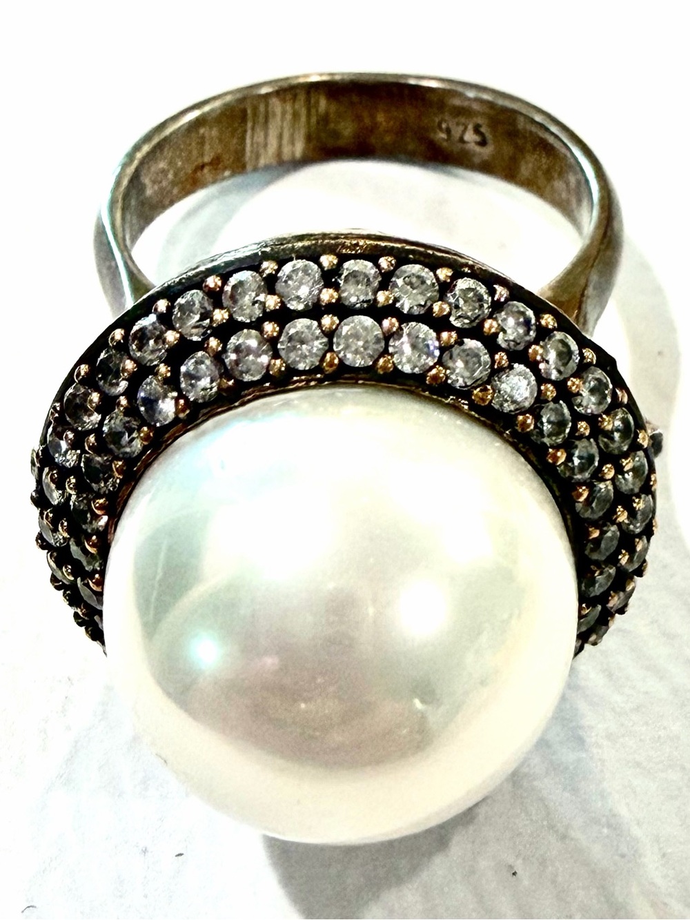 Vintage Sterling Silver 925 Pearl & CZ Accent Statement Cocktail Ring – Size 7.5